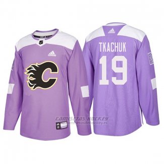 Camiseta Calgary Flames Matthew Tkachuk Hockey Fights Cancer Violeta