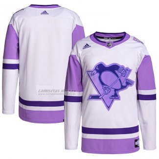 Camiseta Hockey Pittsburgh Penguins Fights Cancer Autentico Blank Practice Blanco Violeta