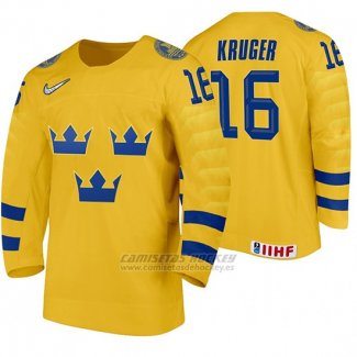 Camiseta Hockey Suecia Marcus Kruger Home 2020 IIHF World Amarillo