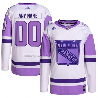 Camiseta Hockey New York Rangers Personalizada Fights Cancer Autentico Blanco Violeta
