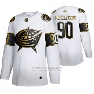 Camiseta Hockey Columbus Blue Jackets Elvis Merzlikins Golden Edition Autentico Blanco