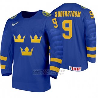 Camiseta Hockey Suecia Victor Soderstrom Away 2020 IIHF World Junior Championship Azul