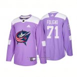 Camiseta Hockey Hombre Autentico Columbus Blue Jackets 71 Nick Foligno Hockey Fights Cancer 2018 Violeta