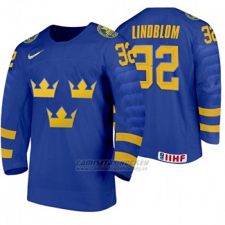 Camiseta Hockey Suecia Oskar Lindblom Away 2020 IIHF World Junior Championships Azul