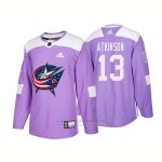 Camiseta Hockey Hombre Autentico Columbus Blue Jackets 13 Cam Atkinson Hockey Fights Cancer 2018 Violeta