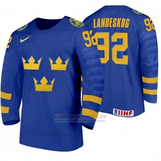 Camiseta Hockey Suecia Gabriel Landeskog Away 2020 IIHF World Junior Championships Azul
