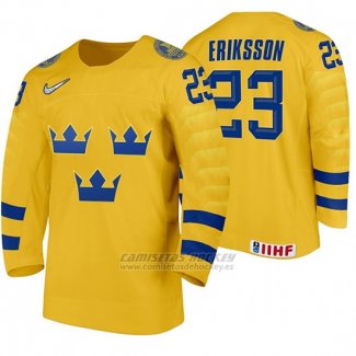 Camiseta Hockey Suecia Albin Eriksson Home 2020 IIHF World Junior Championship Amarillo