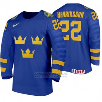 Camiseta Hockey Suecia Karl Henriksson Away 2020 IIHF World Junior Championship Azul