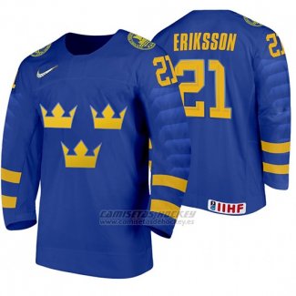 Camiseta Hockey Suecia Loui Eriksson Away 2020 IIHF World Junior Championships Azul